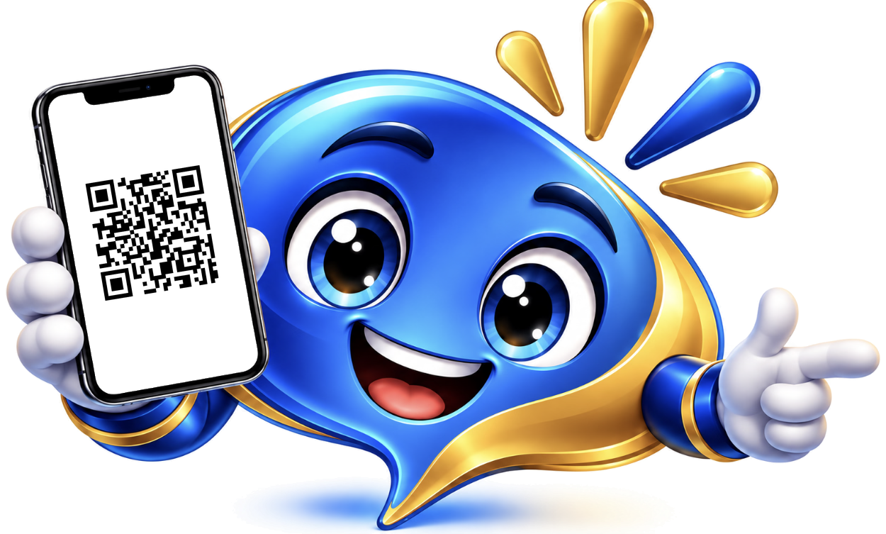 iMANi, your AI assistant, holding a phone with a code that opens askimani.ai